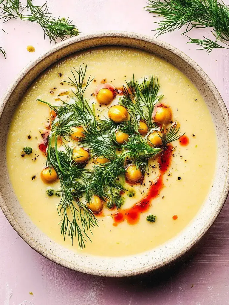 Eine cremige Suppe, garniert mit Dill, Kichererbsen und einem roten Sauce-Tropfen in einer schlichten Schüssel.