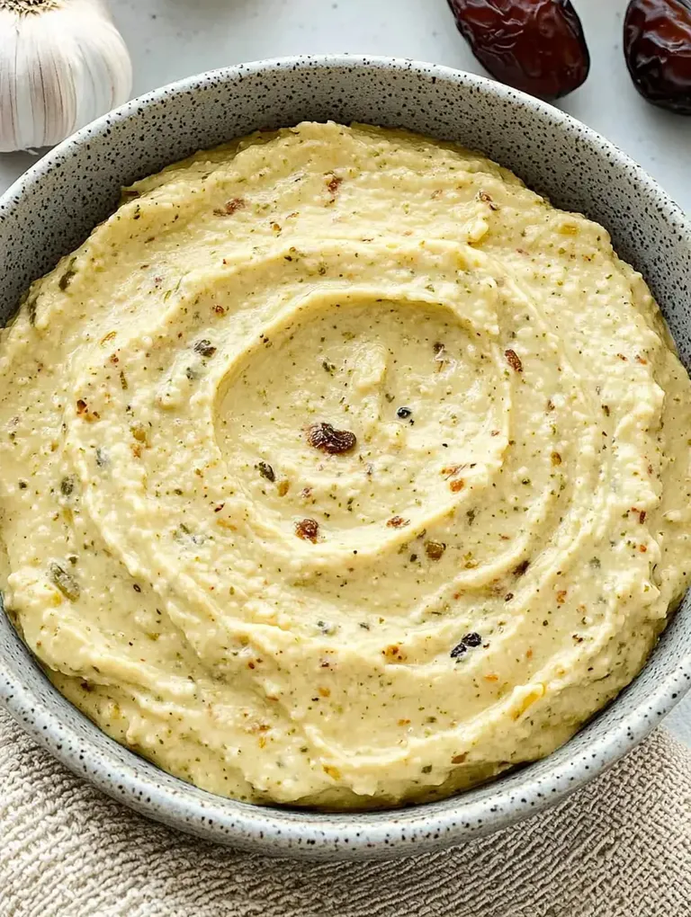 Eine Schüssel mit samtiger, gelblicher Creme, die mit Kräutern und Gewürzen verfeinert ist, steht auf einem Tisch neben einer Knoblauchknolle und Datteln.