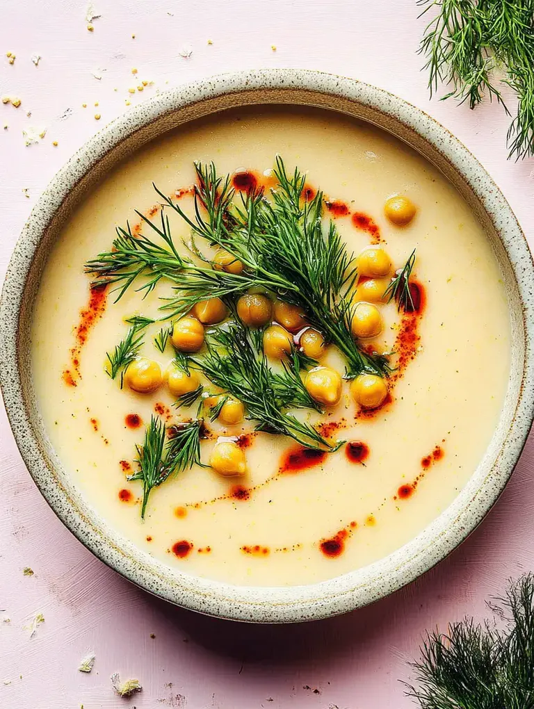 Eine Schüssel mit cremiger Suppe, garniert mit Kichererbsen, frischem Dill und roten Öltropfen, auf einem rosa Hintergrund.