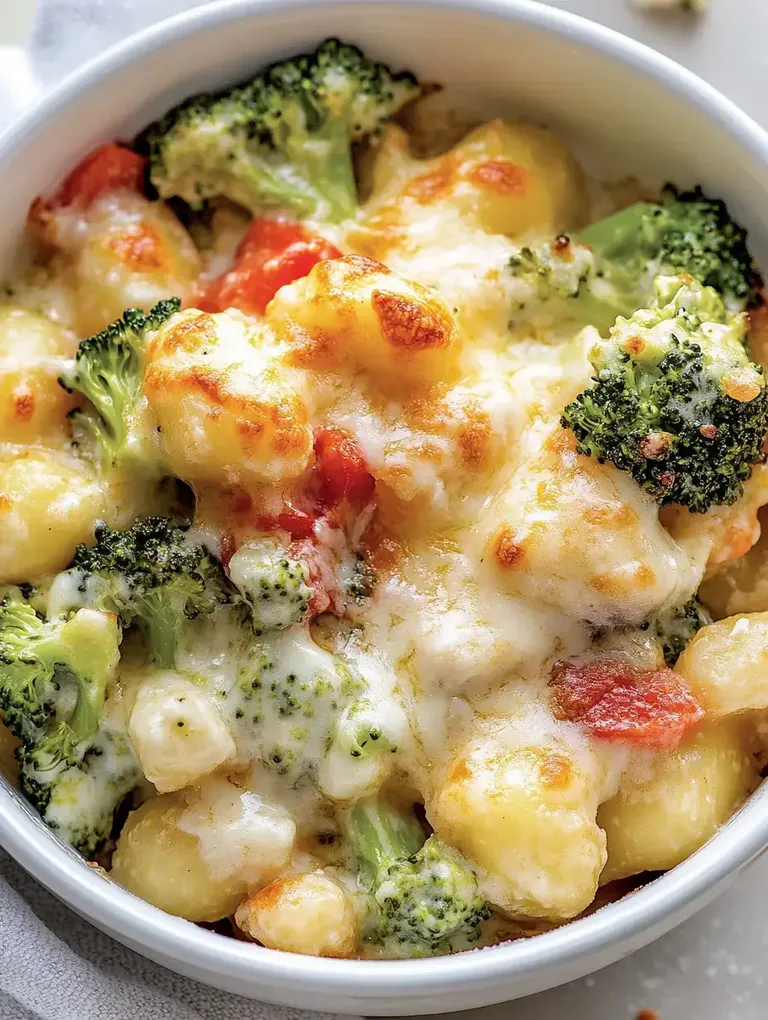 Ein Auflauf aus Gnocchi, Brokkoli und geschmolzenem Käse in einer weißen Schüssel.