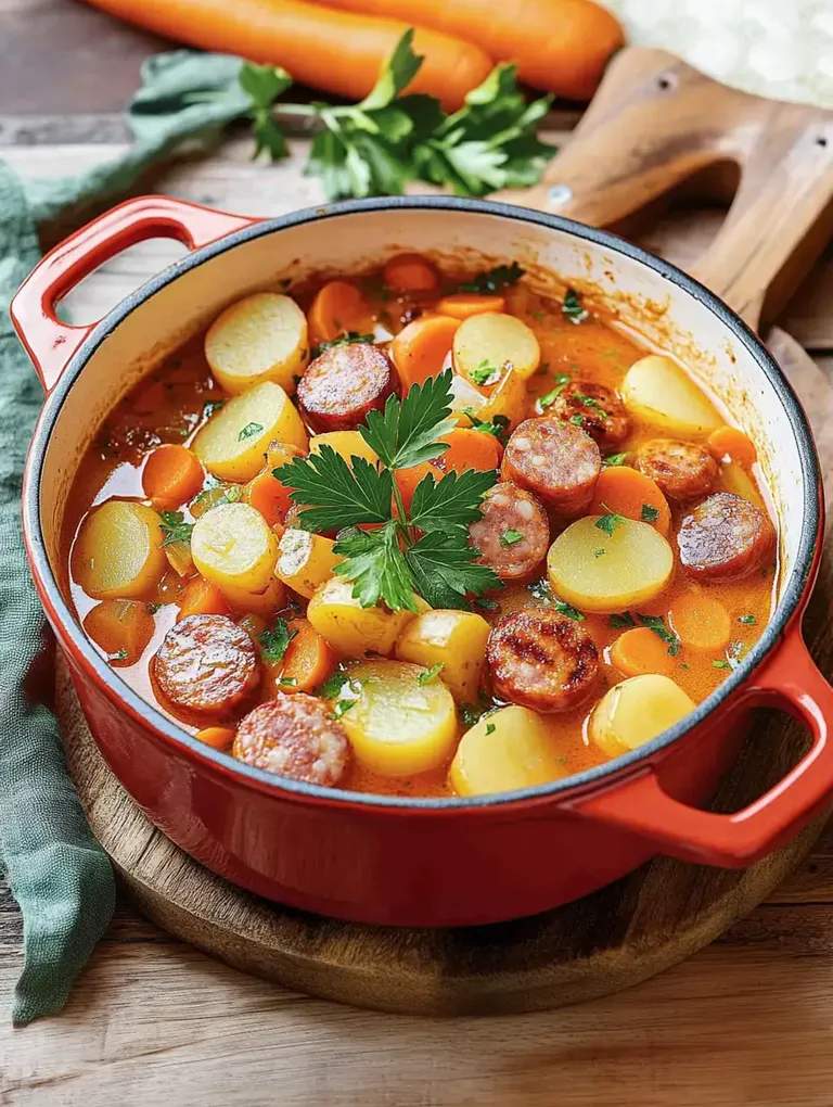 Ein roter Topf mit Kartoffel-Wurst-Eintopf, garniert mit frischer Petersilie, auf einem Holzbrett.