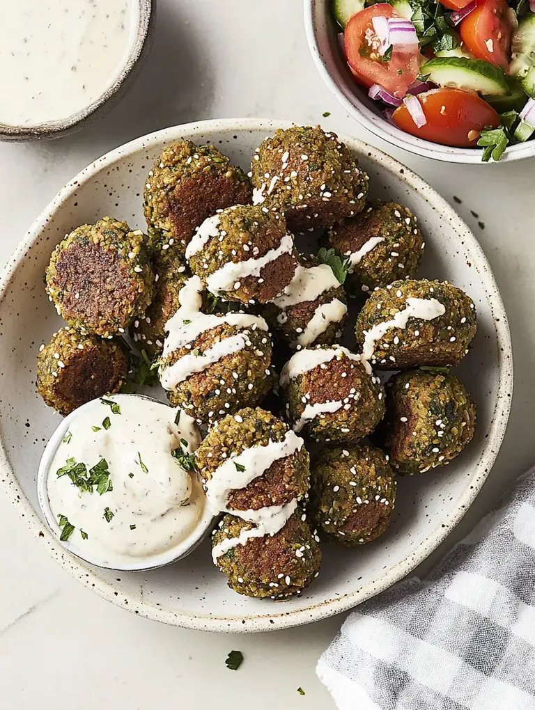 Ein Teller mit knusprigen Falafelbällchen, garniert mit Joghurtsoße und frischem Gemüse.