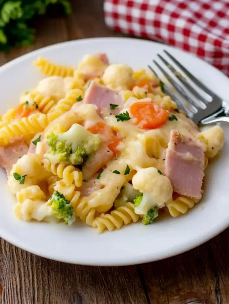Ein Teller mit gedrehten Nudeln, Schinken, Brokkoli, Blumenkohl und Karotten in einer cremigen Sauce.