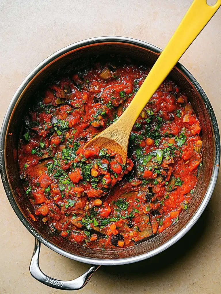 Ein Topf mit frischer Tomatensauce, angereichert mit Gemüse und Kräutern, steht auf einer hellen Oberfläche.