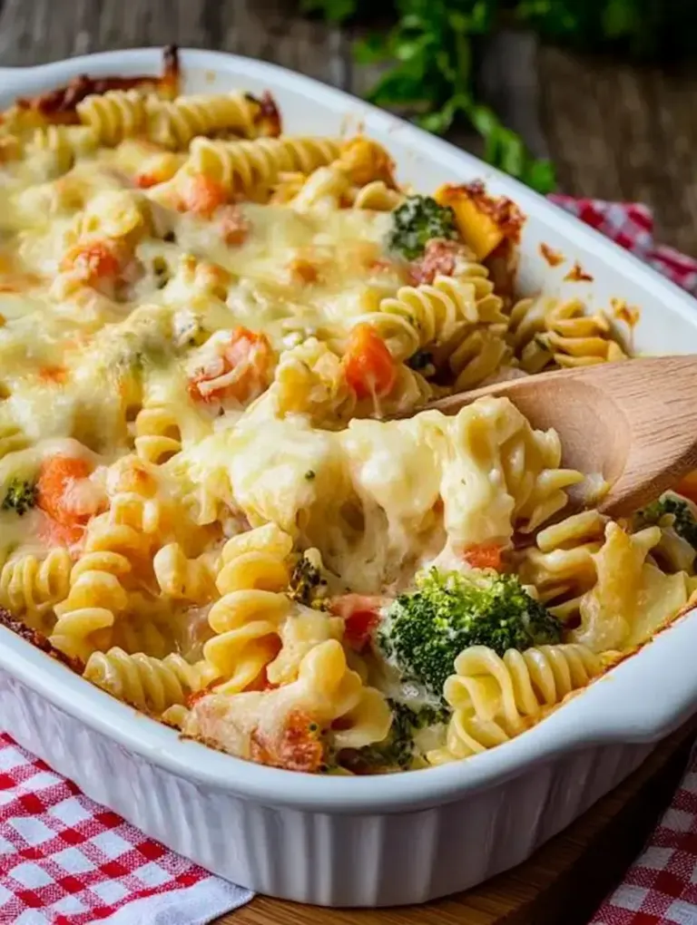 Ein Auflauf mit spiralförmiger Pasta, Brokkoli und geschmolzenem Käse in einer weißen Auflaufform.