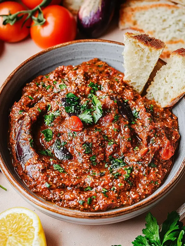 Eine Schüssel mit würzigem Dip aus Tomaten und Kräutern, umgeben von frischen Tomaten, Auberginen und Brotstücken.