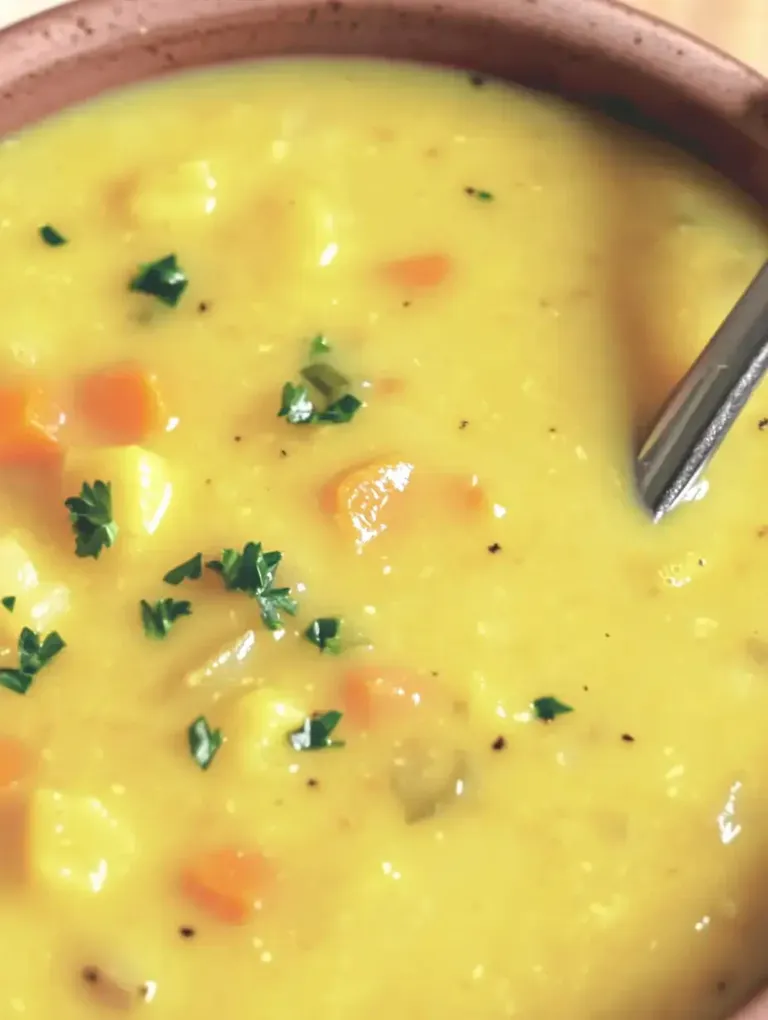 Eine cremige, gelbe Suppe mit Gemüse und frischem Schnittlauch in einer braunen Schale.