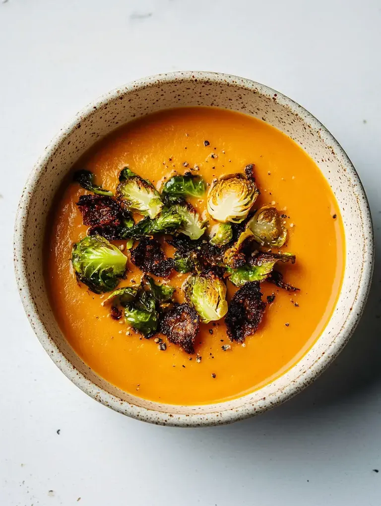 Eine Schüssel mit cremiger Kürbissuppe, garniert mit knusprigen Rosenkohlstücken.