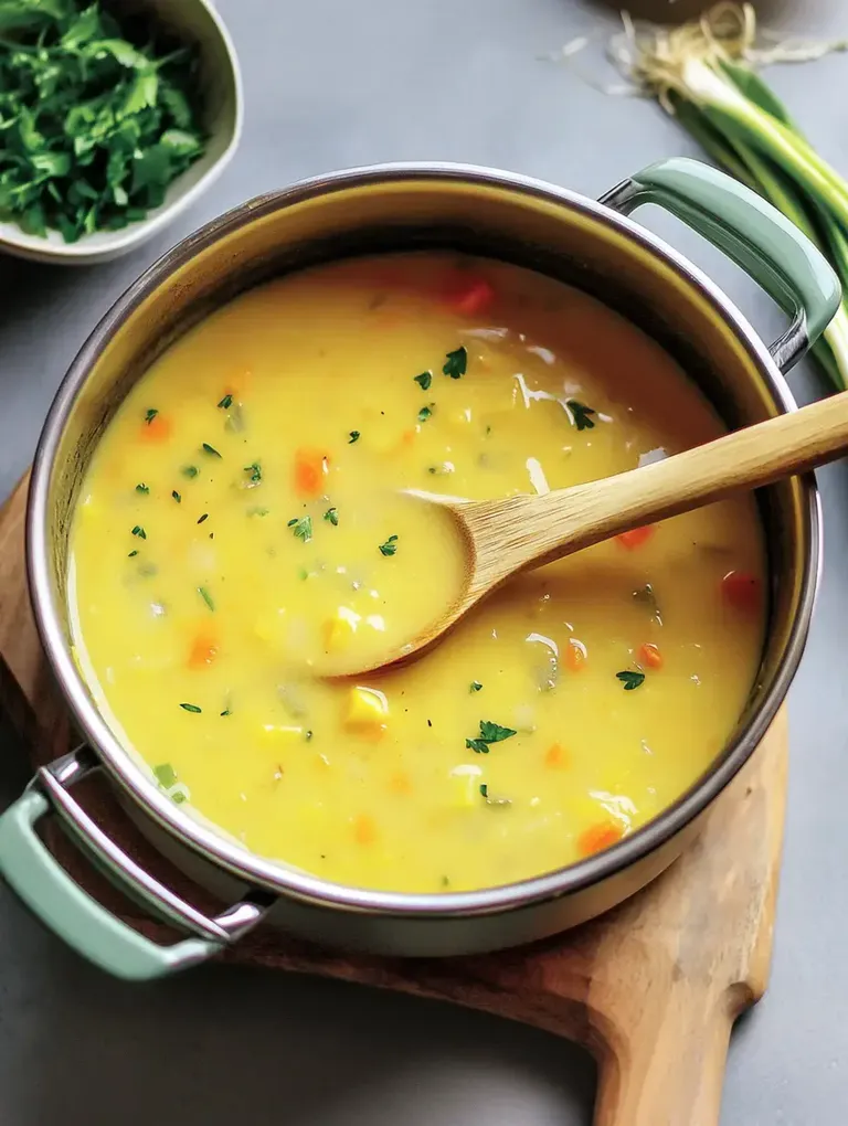 Ein Topf mit cremiger Suppe, garniert mit Kräutern und buntem Gemüse, steht auf einem Holzbrett.