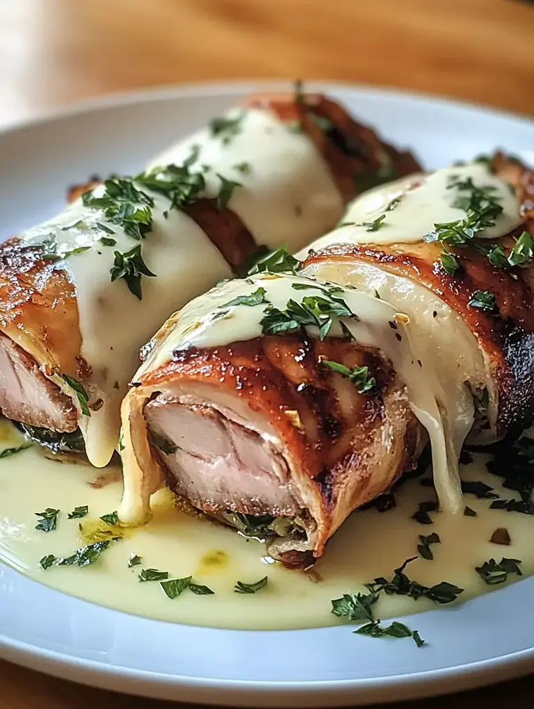 Auf dem Bild sind zwei mit Speck umwickelte Fleischrollen zu sehen, die mit Käse überzogen und mit frischen Kräutern garniert sind.