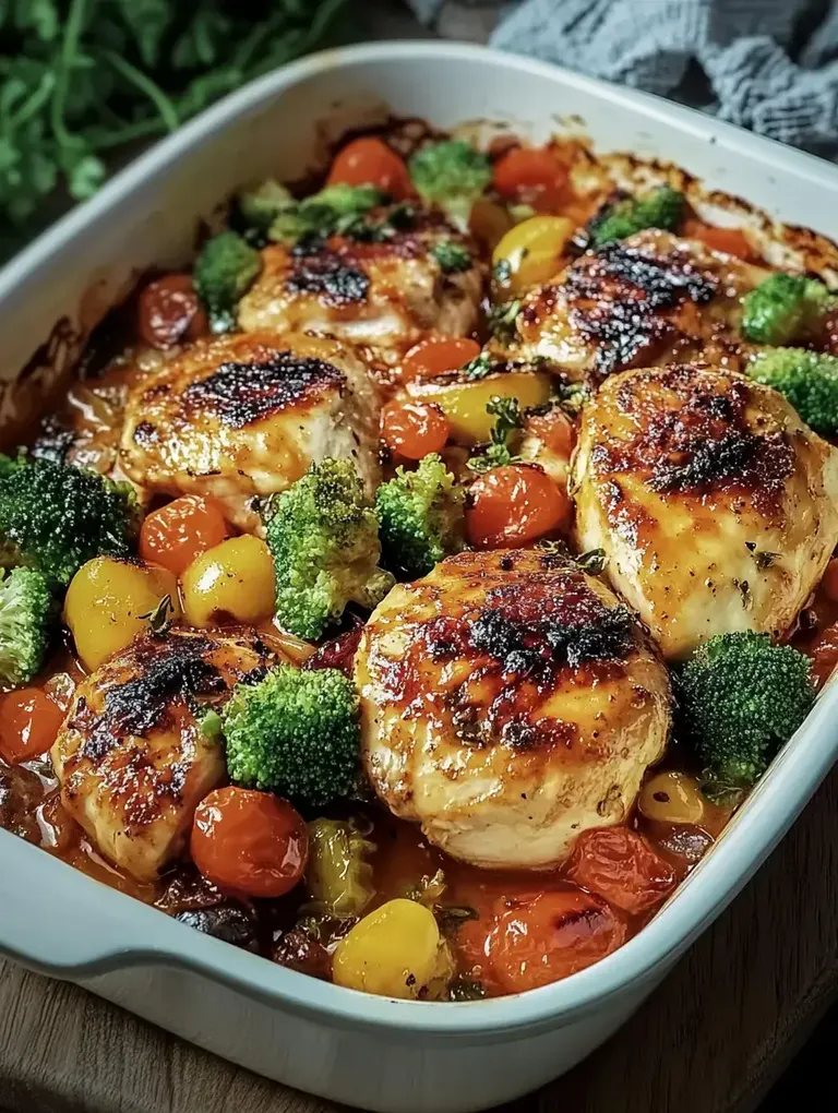 Ein Auflauf mit gebratenem Hähnchen, Kirschtomaten und Brokkoli in einer hellen Auflaufform.