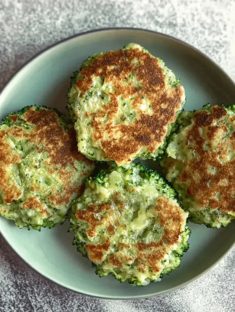 Ein Teller mit goldbraun gebratenen Brokkoli-Patties.
