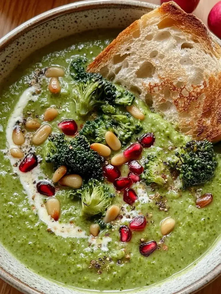 Ein Teller mit cremiger Brokkolisuppe, garniert mit Pinienkernen, Granatapfelkernen und einem Stück geröstetem Brot.