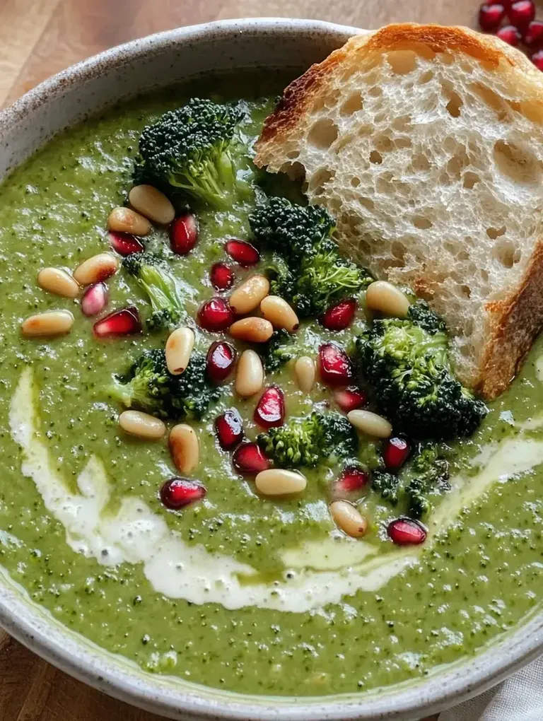 Eine Schüssel mit grüner Suppe, garniert mit Brokkoli, Granatapfelkernen, Pinienkernen und einer Scheibe Brot.