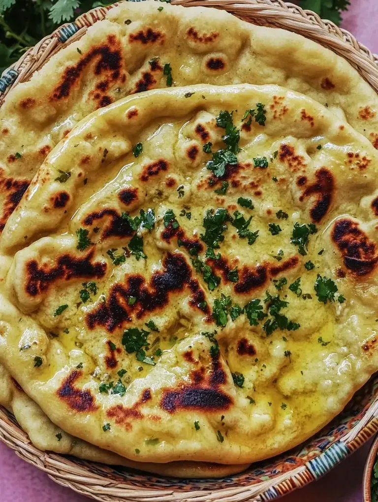 Ein Korb mit frisch gebackenem Naanbrot, garniert mit Koriander und etwas Öl.