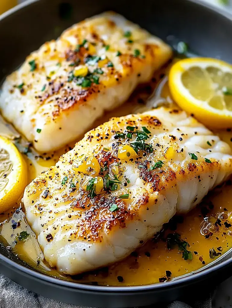 Zwei in einer Pfanne gebratene Fischfilets mit Kräutern und Zitronenscheiben liegen in einer aromatischen Sauce.