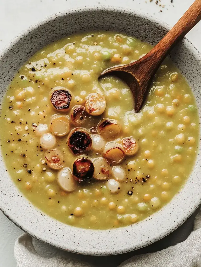 Eine Schüssel mit cremiger Erbsensuppe, garniert mit gebratenen Zwiebeln und schwarz gepfeffert.