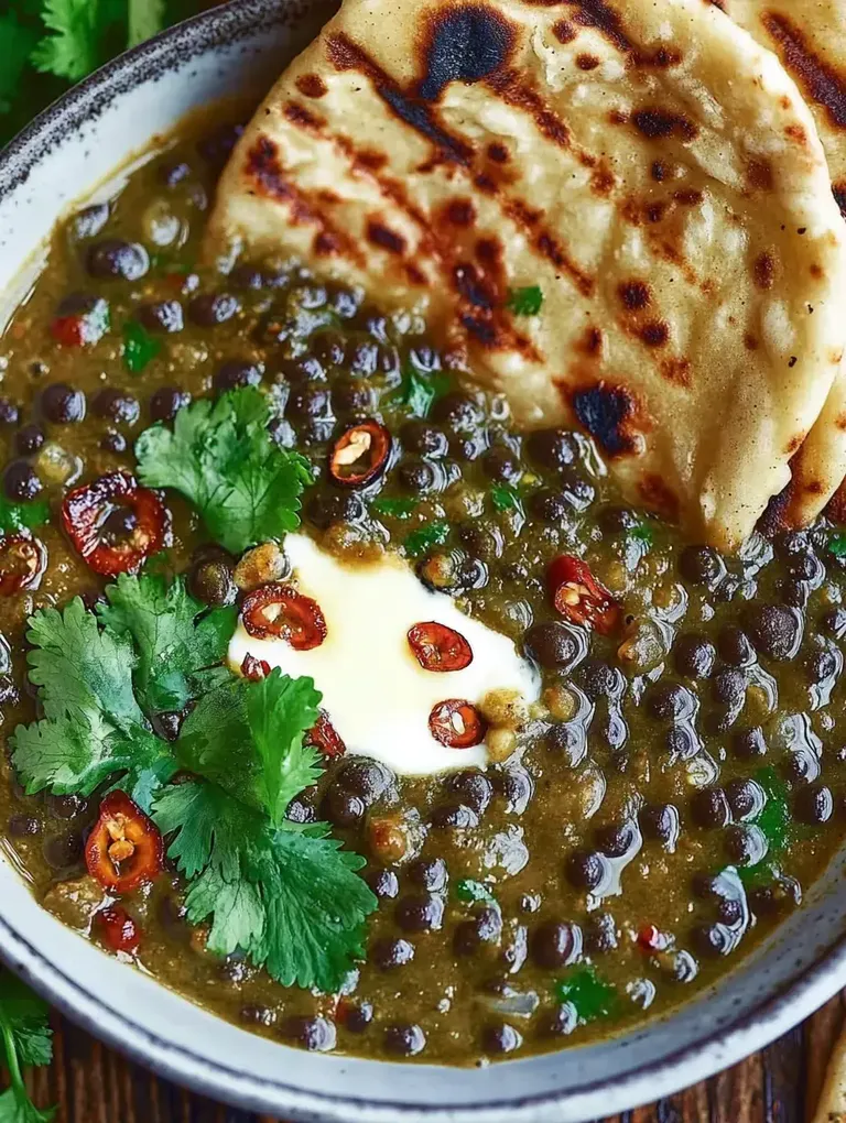 Eine Schüssel mit einer würzigen Linsensuppe, garniert mit Koriander, roten Chilischoten und einem Klecks Joghurt, begleitet von zwei angebrannten Fladenbroten.
