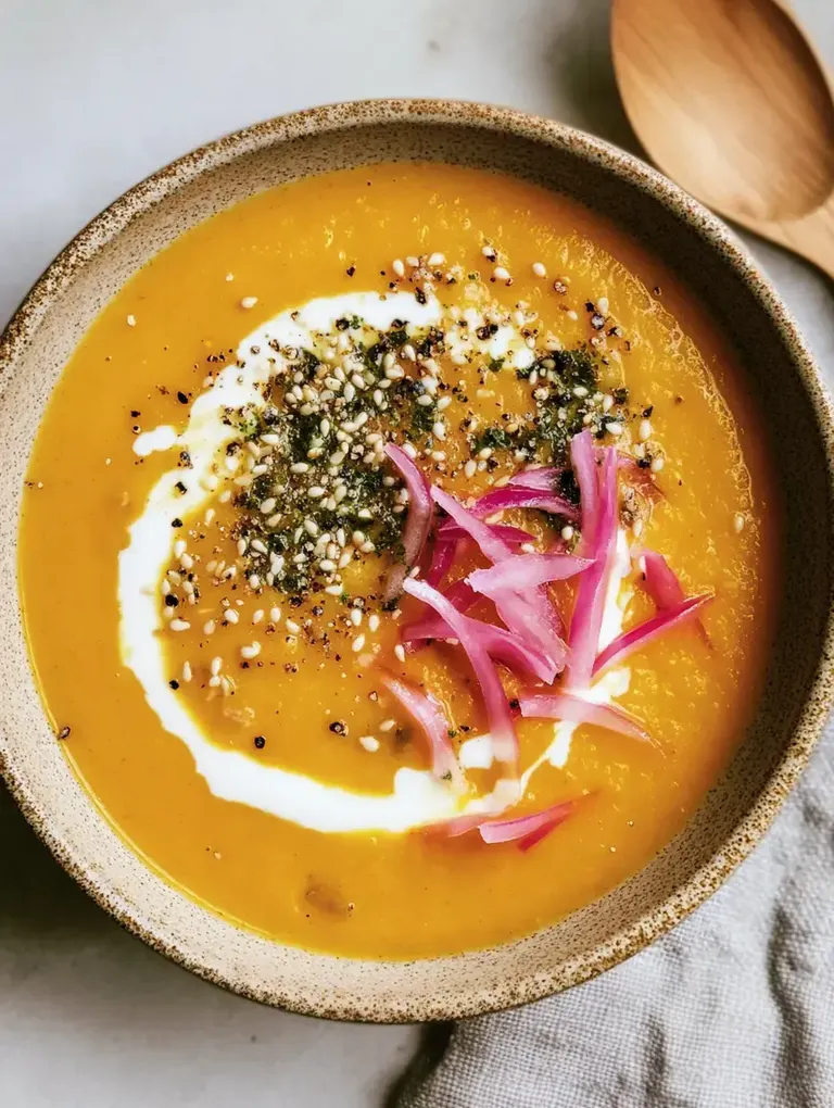 Eine Schüssel mit orangener Suppe, garniert mit Sahne, Sesam, Gewürzen und roten Zwiebelstreifen.