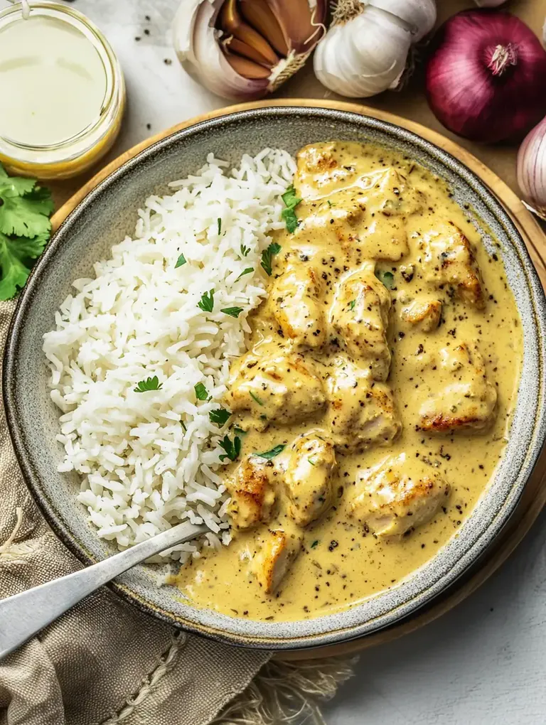 Ein Teller mit cremigem Hähnchen-Curry, serviert mit weißem Reis und frischem Koriander, umgeben von Zwiebeln und Knoblauch.