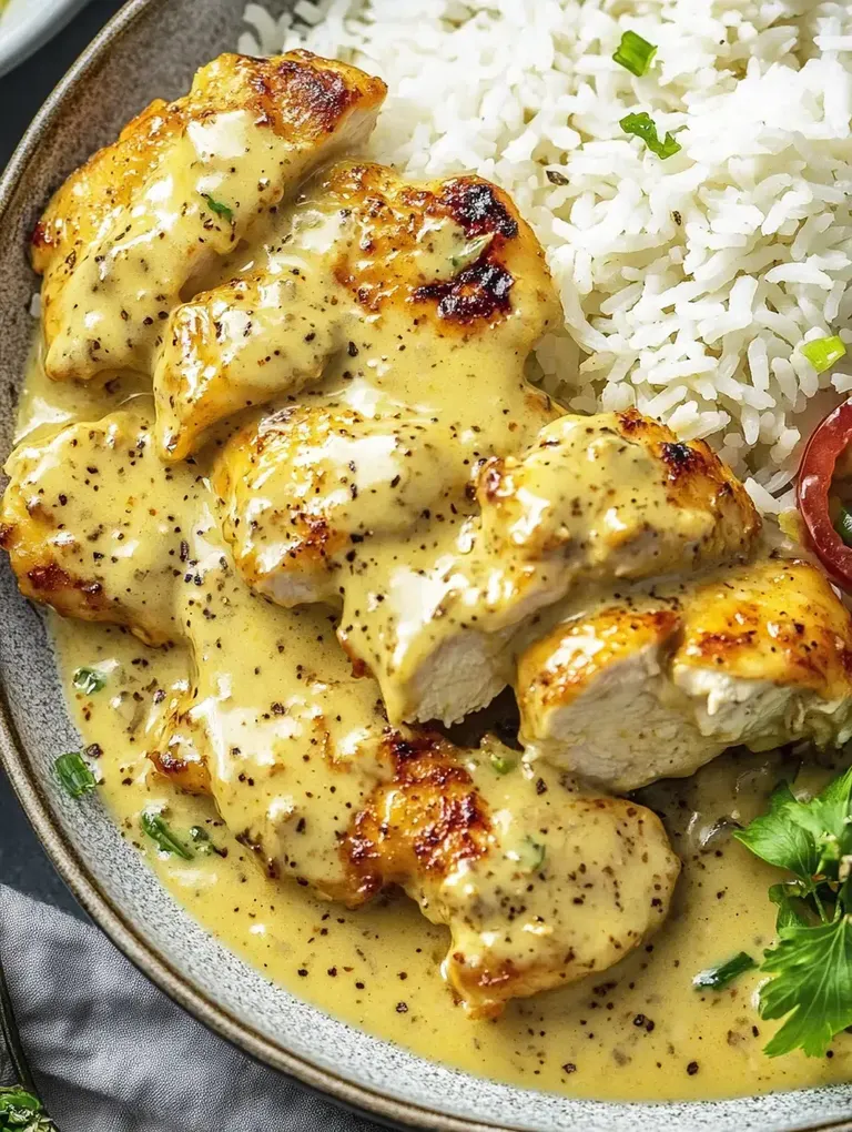 Ein Teller mit in Sauce geschmortem Hähnchenbrustfilet, serviert mit Reis und frischem Gemüse.