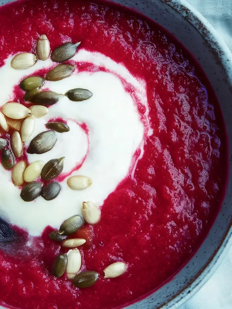 Eine cremige Rote-Bete-Suppe mit einem Klecks Sahne und gerösteten Samen.