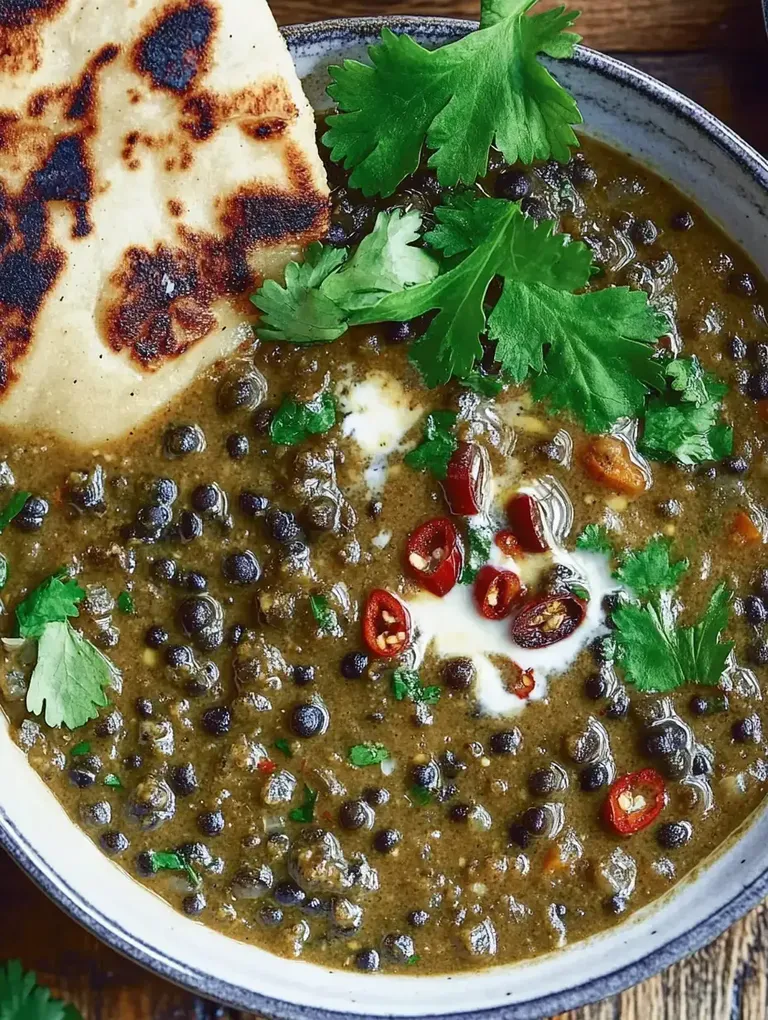 Eine Schüssel mit grüner Linsensuppe, garniert mit Koriander, roten Chilischoten und einem Stück Fladenbrot.