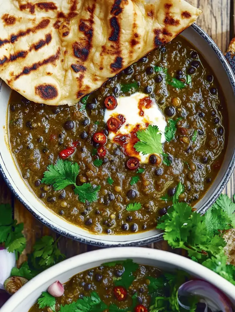 Eine Schüssel mit grüner Linsensuppe, garniert mit Koriander, roten Chilischoten und einem Klecks Joghurt, serviert mit Naanbrot.