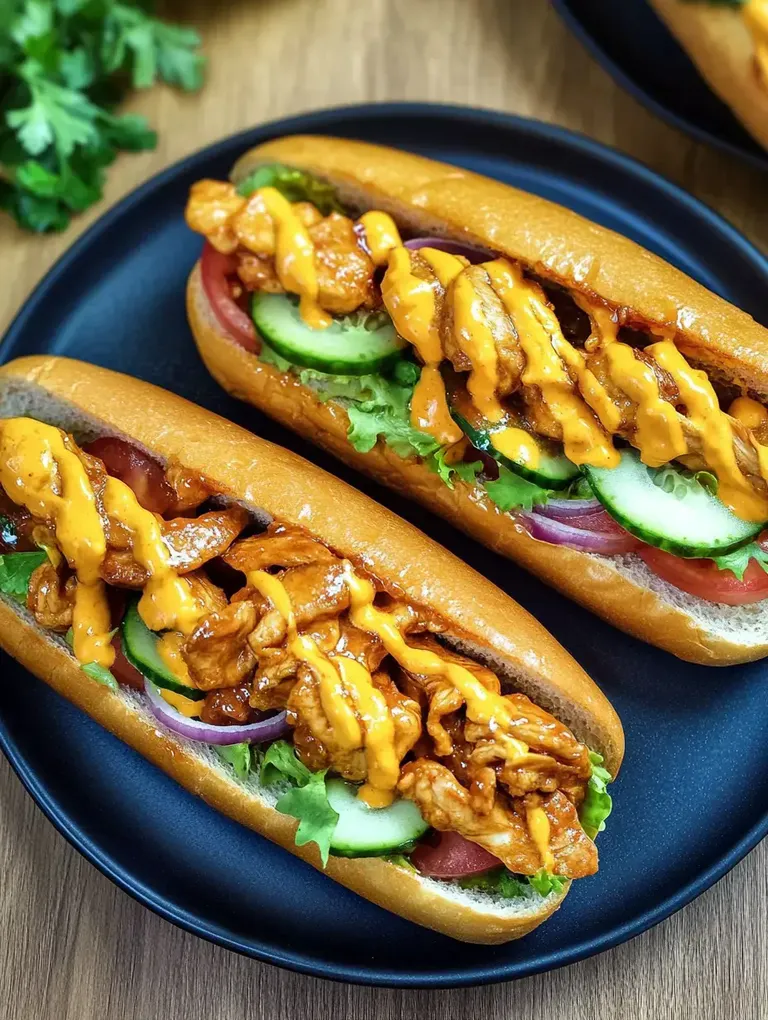 Zwei belegte Hotdogs mit gewürztem Hühnchen, Salat, Tomaten, Gurken und einer Käsesauce auf einem schwarzen Teller.