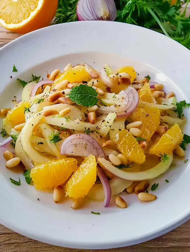 Ein frischer Salat aus Äpfeln, Orangen, roten Zwiebeln, Pinienkernen und Kräutern in einer weißen Schüssel.