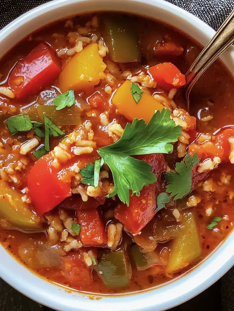 Eine Schüssel mit buntem Reisgemüsesuppe, die rote, grüne und gelbe Paprika sowie frische Kräuter und Reis enthält.