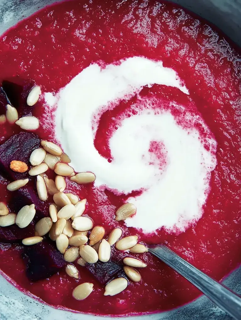 Eine Schüssel mit roter Suppe, verziert mit einem Sahnehäubchen und Kürbiskernen.