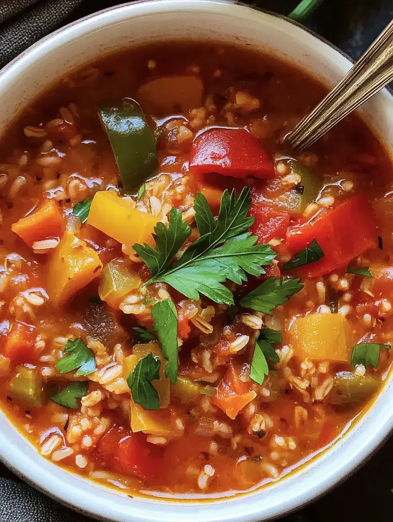Eine Schüssel mit farbenfroher Gemüsesuppe, die mit Reis, Paprika in verschiedenen Farben und frischer Petersilie garniert ist.
