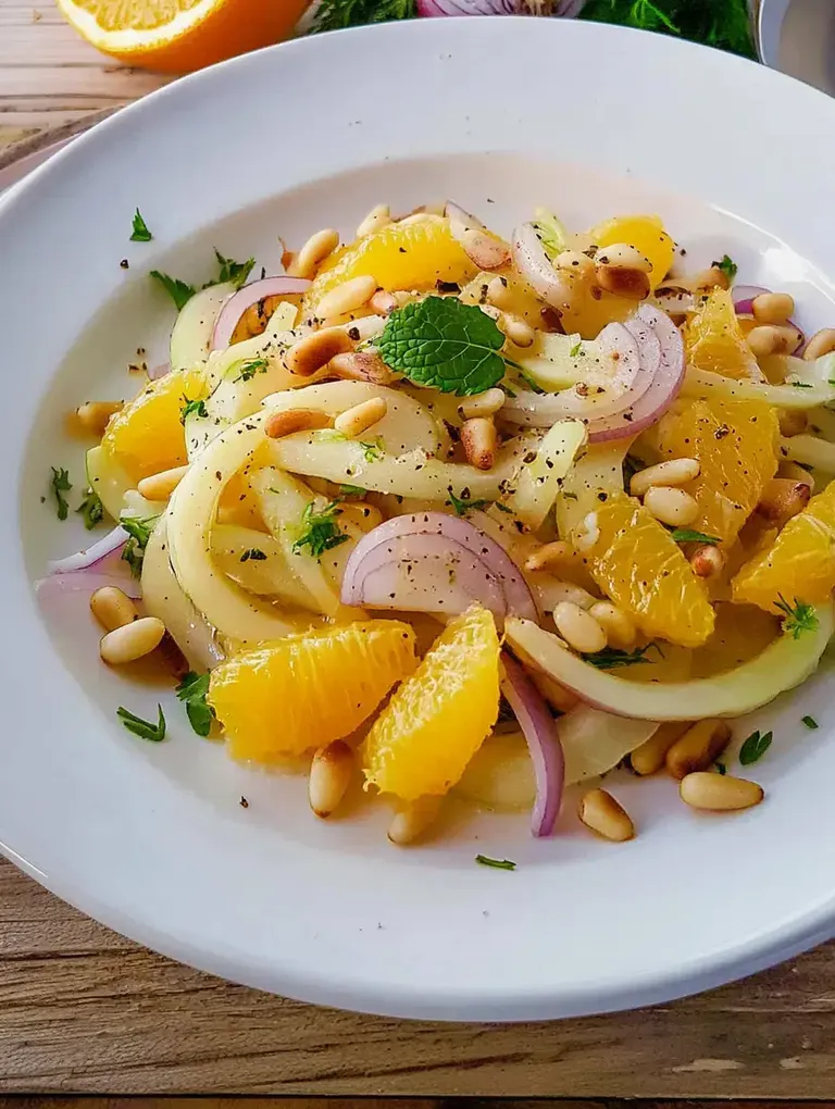 Ein Salat aus dünn geschnittenem Gemüse, Orangenstücken, roten Zwiebeln und Pinienkernen, garniert mit frischen Kräutern.