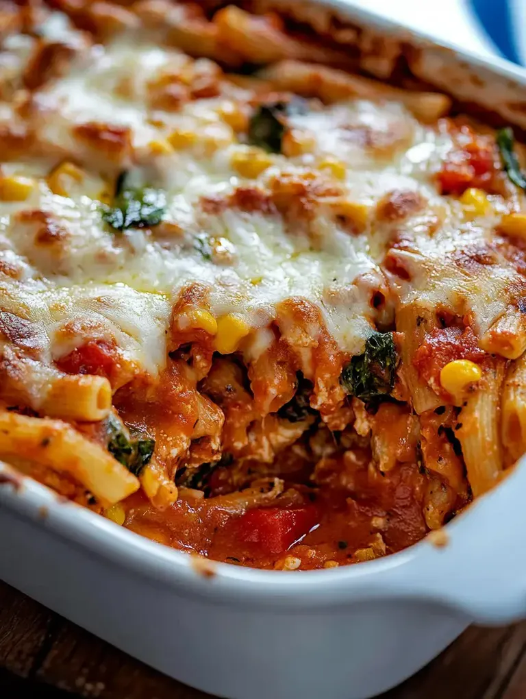 Ein Auflauf mit Pasta, Käse, Spinat und Tomatensauce, der in einer weißen Auflaufform serviert wird.