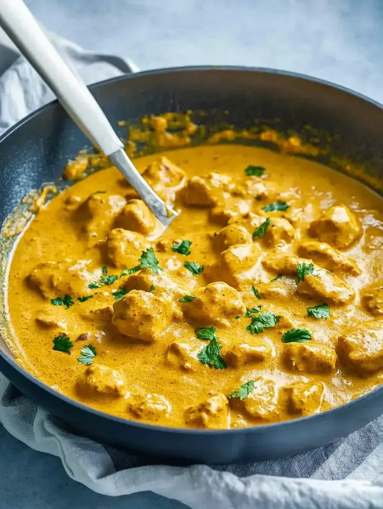 Ein Topf mit cremiger, gelber Sauce und großen Stückchen, garniert mit frischem Koriander.