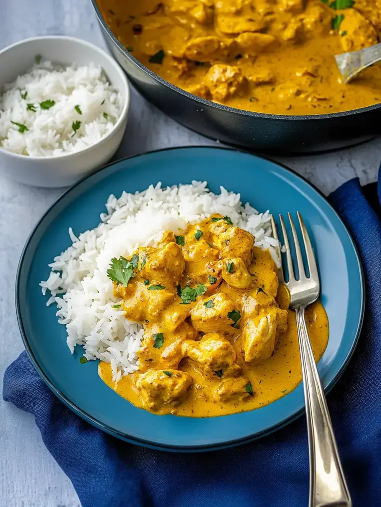 Ein Teller mit Reis und einer cremigen Hühnchen-Curry-Sauce, garniert mit frischem Koriander.