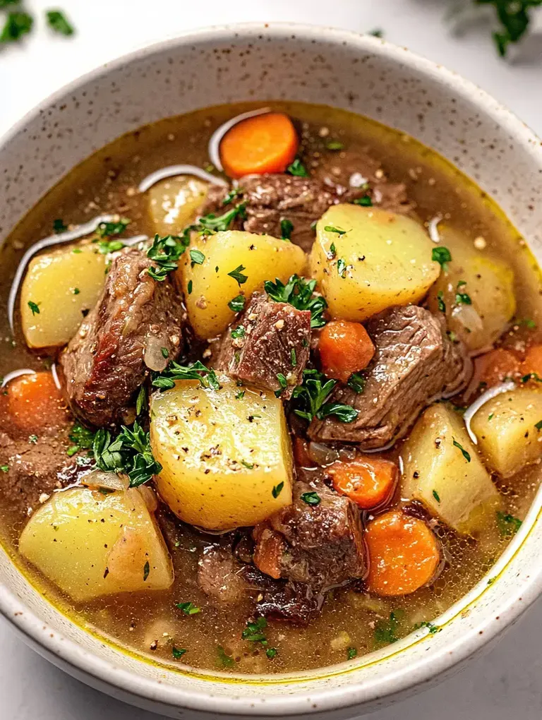 Ein Teller mit herzhafter Rindfleischsuppe, gefüllt mit Kartoffeln, Karotten und frischen Kräutern.