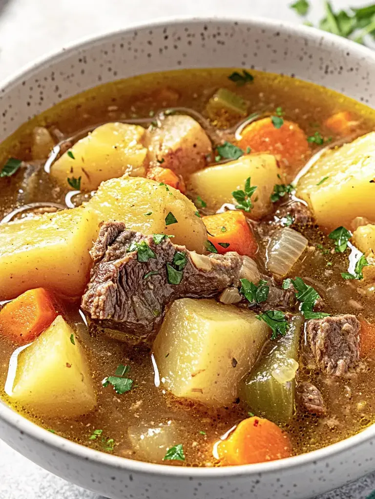 Eine Schüssel mit herzhaftem Eintopf aus Fleisch, Kartoffeln, Karotten und Petersilie.