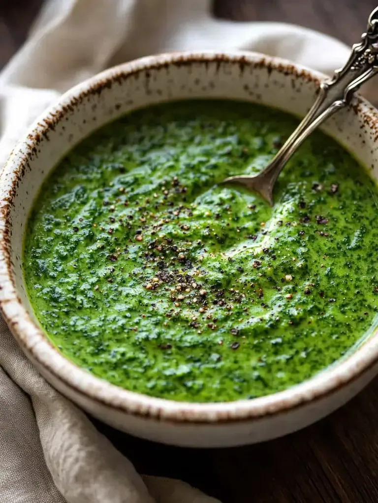 Eine Schüssel mit grüner Kräutersoße, garniert mit schwarzem Pfeffer.