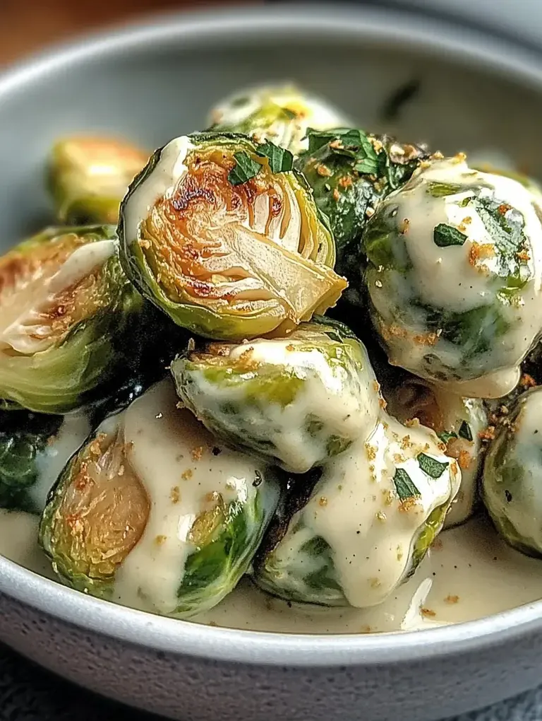 Grüne Rosenkohlköpfe mit einer cremigen Sauce und frischer Petersilie in einer Schüssel.