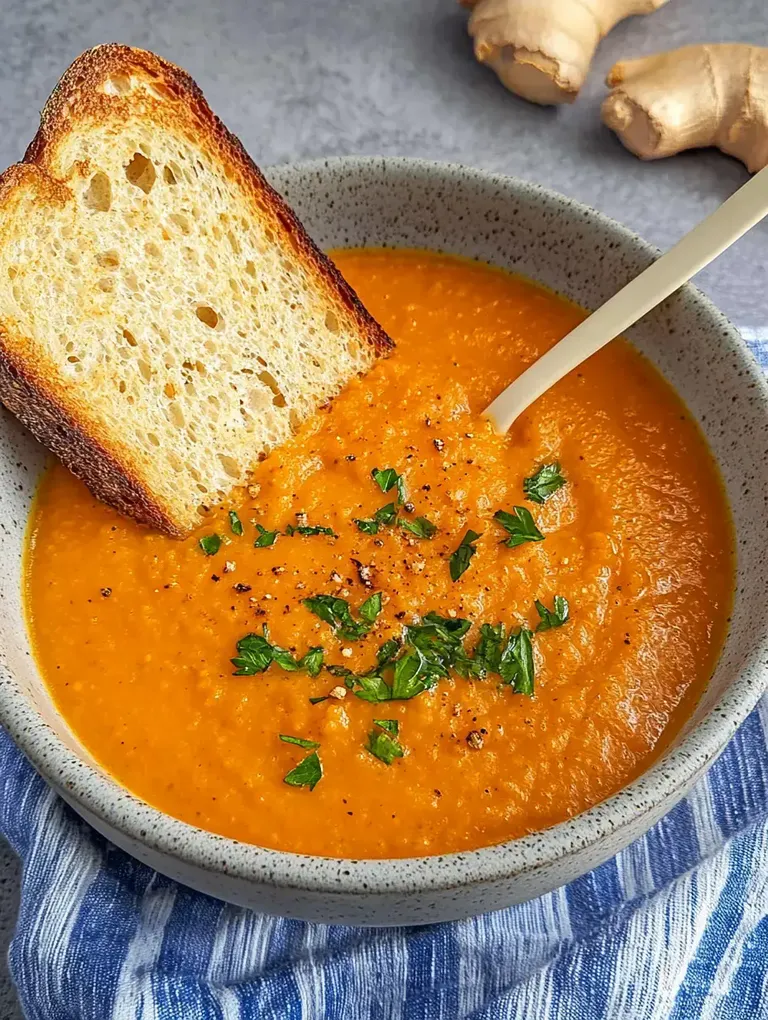 Eine Schüssel mit leuchtend.orange Kürbissuppe, garniert mit frischer Petersilie und einem Stück geröstetem Brot.