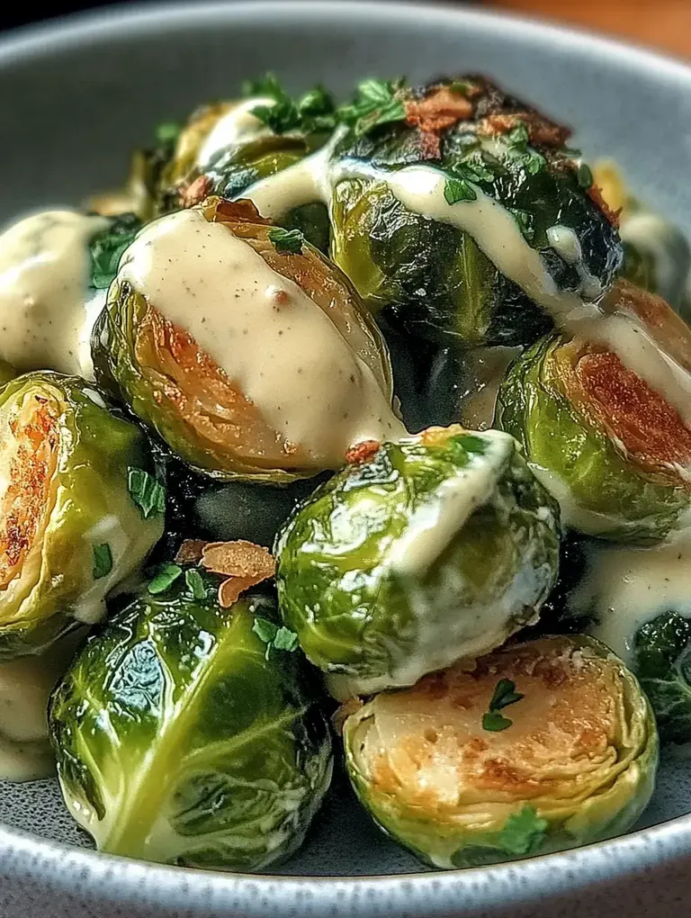Die Nahaufnahme zeigt gebratene Rosenkohlröschen, die mit einer cremigen Sauce und frischer Petersilie garniert sind.