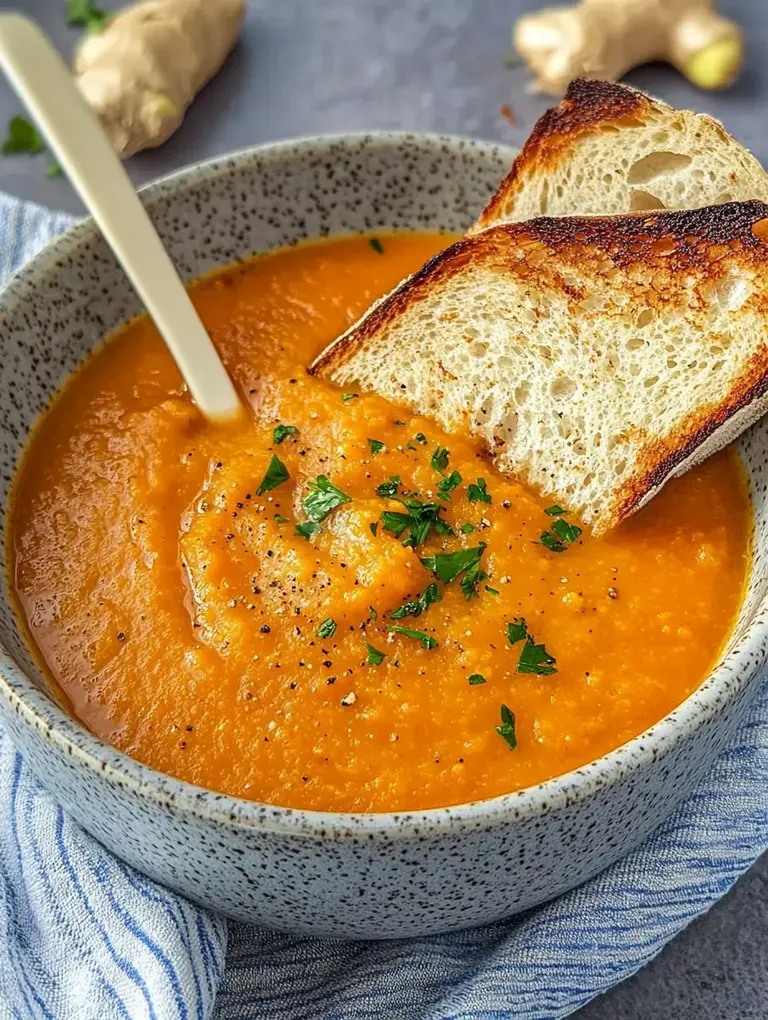 Eine Schüssel mit cremiger Karottensuppe, garniert mit frischer Petersilie und zwei Scheiben geröstetem Brot, liegt auf einem blauen Tuch.