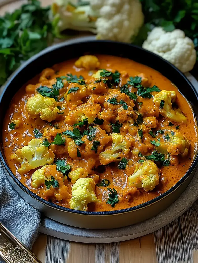 Ein Teller mit Blumenkohl in einer würzigen, orangefarbenen Sauce, garniert mit frischem Koriander.