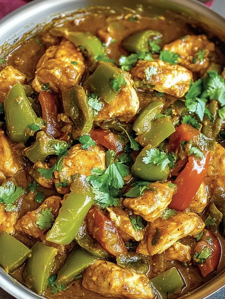 Das Bild zeigt ein Gericht mit zartem Hühnchen, bunten Paprika und frischem Koriander in einer würzigen Sauce.