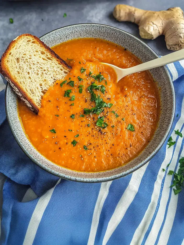 Eine Schüssel mit cremiger Karottensuppe, garniert mit frischer Petersilie und einem Stück geröstetem Brot, neben einer Ingwerknolle auf einem gestreiften Tuch.