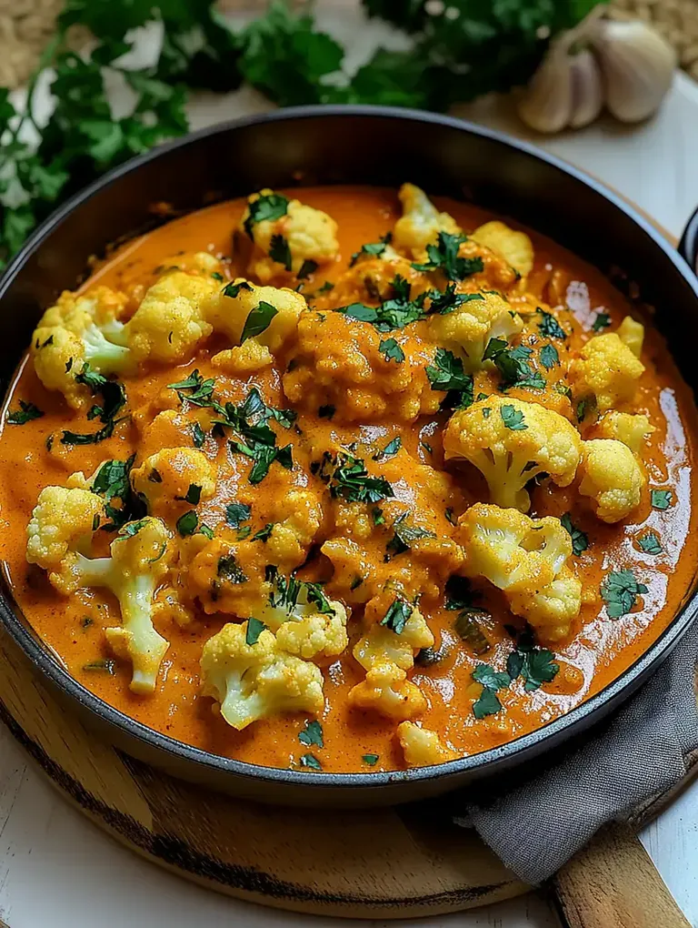 Ein Gericht mit Blumenkohl in einer cremigen, würzigen Sauce, garniert mit frischem Koriander.