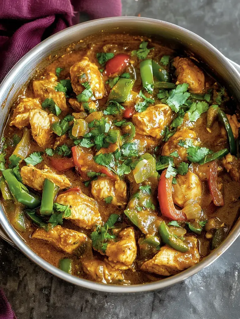 Ein Topf mit Hähnchenstücken in einer würzigen Sauce, garniert mit grünen und roten Paprika sowie frischem Koriander.