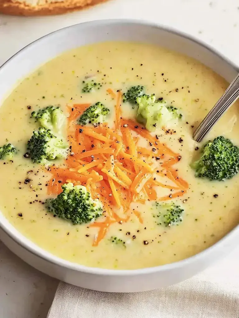 Eine Schüssel mit cremiger Brokkoli-Käse-Suppe, garniert mit frisch geriebenem Karottenraspel und schwarzem Pfeffer.